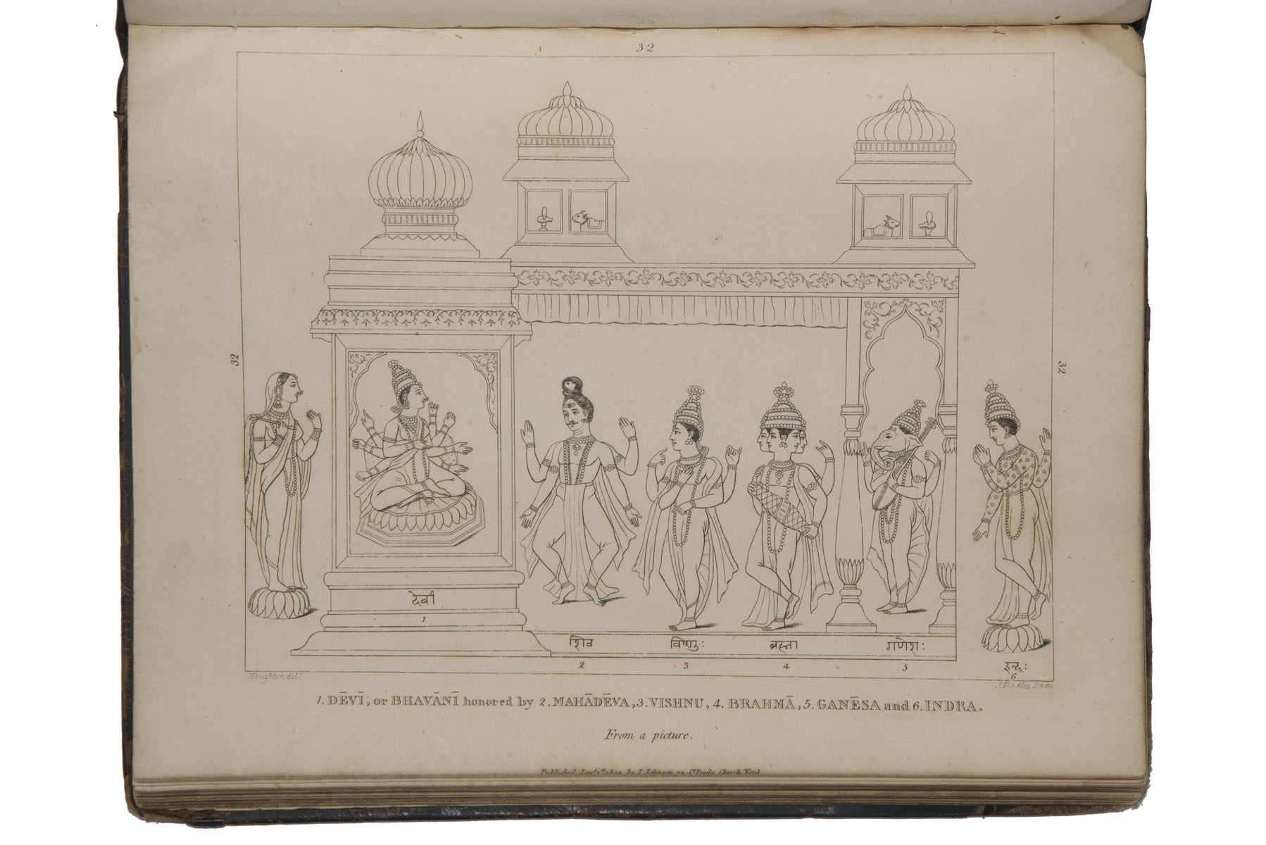 Edward Moor The Hindu Pantheon 1810  Devi or Bhavani Honoured by Mahadeva, Vishnu, Brahma, Ganesa, Indra