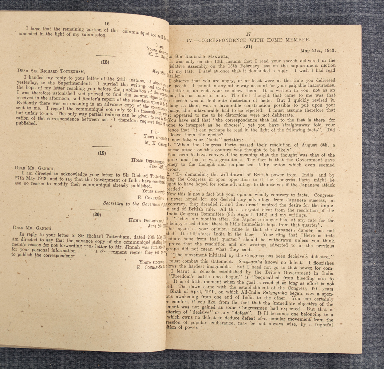 MOHANDAS KARAMCHAND GANDHI - Correspondence with Mr. Gandhi: August 1942 - April 1944. (1945)