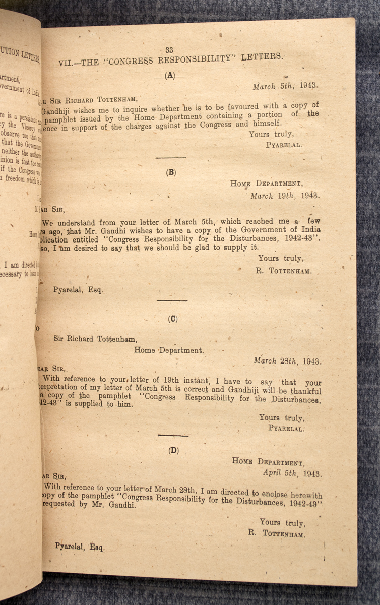 MOHANDAS KARAMCHAND GANDHI - Correspondence with Mr. Gandhi: August 1942 - April 1944. (1945)