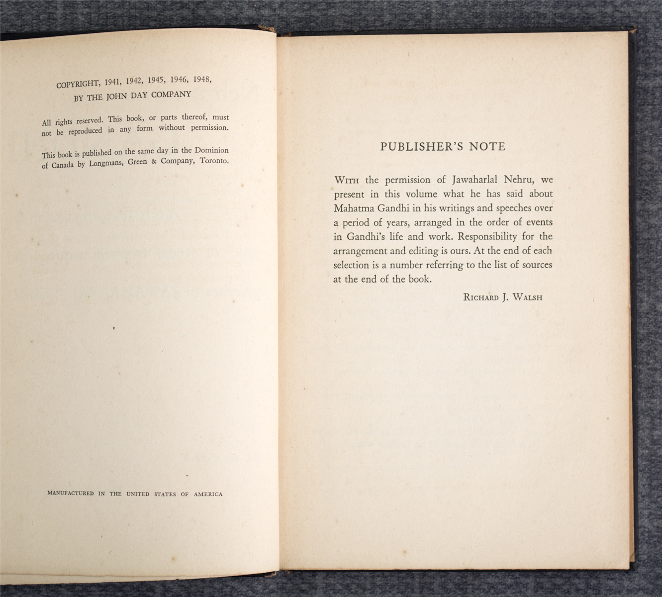 RICAHRD J. WALSH - Nehru on Gandhi (1948)