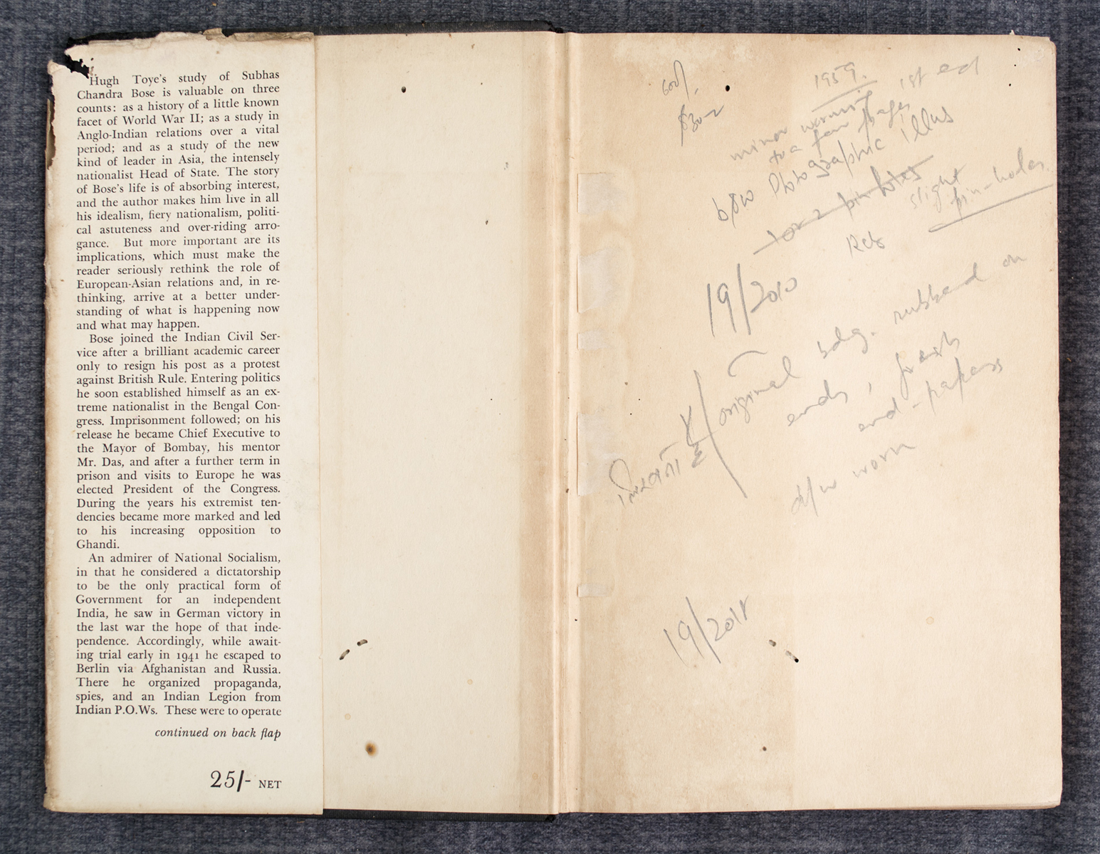 HUGH TOYE - The Springing Tiger: A Study of Subhas Chandra Bose (1959)