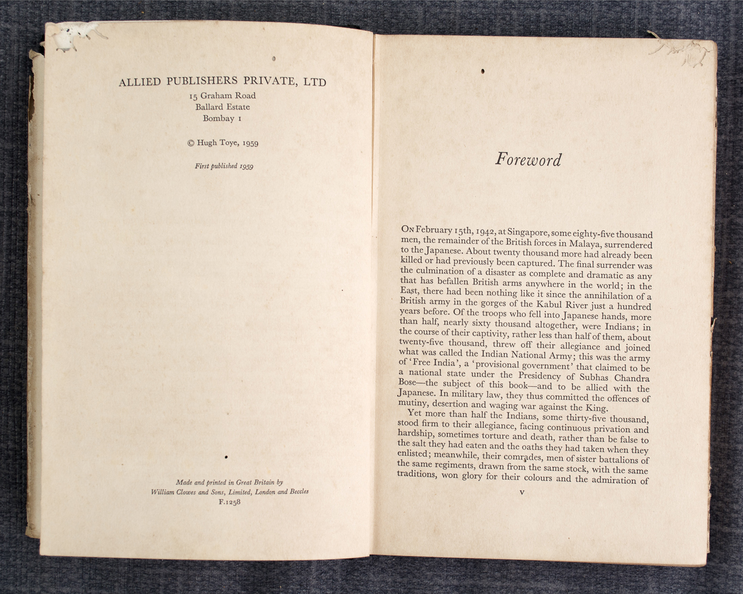 HUGH TOYE - The Springing Tiger: A Study of Subhas Chandra Bose (1959)