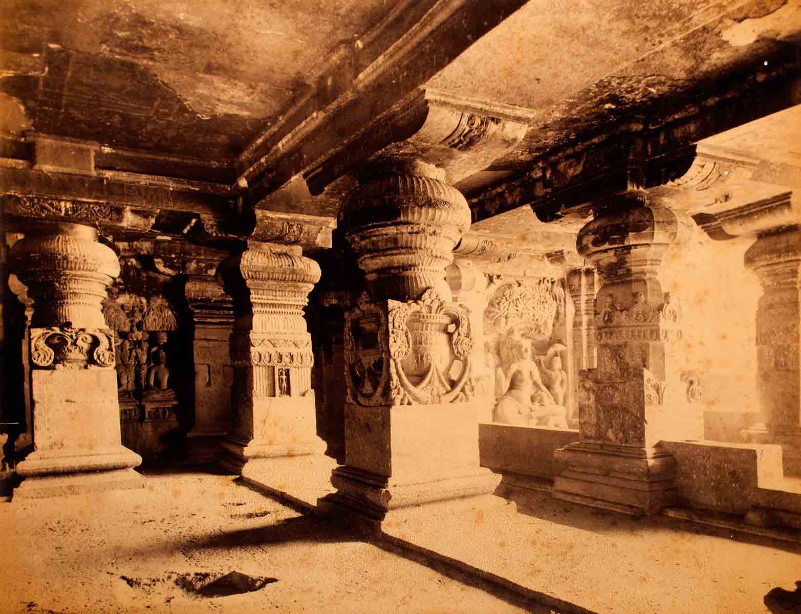 Raja Deen Dayal Interior of Inder Sabha cave at Ellora (1888)
