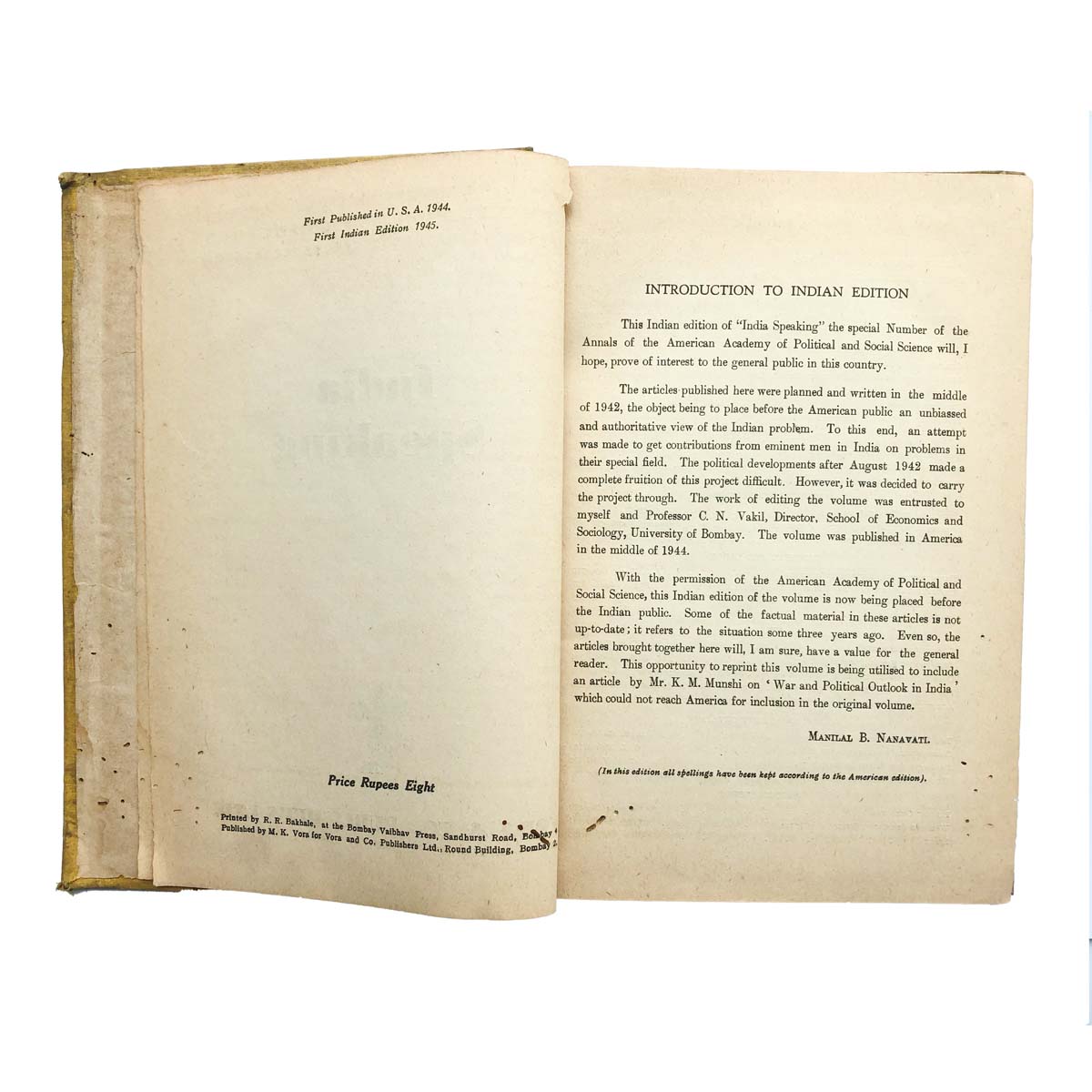 Editor Manilal B.Nanavati & C.N.Vakil - INDIA SPEAKING (1945)