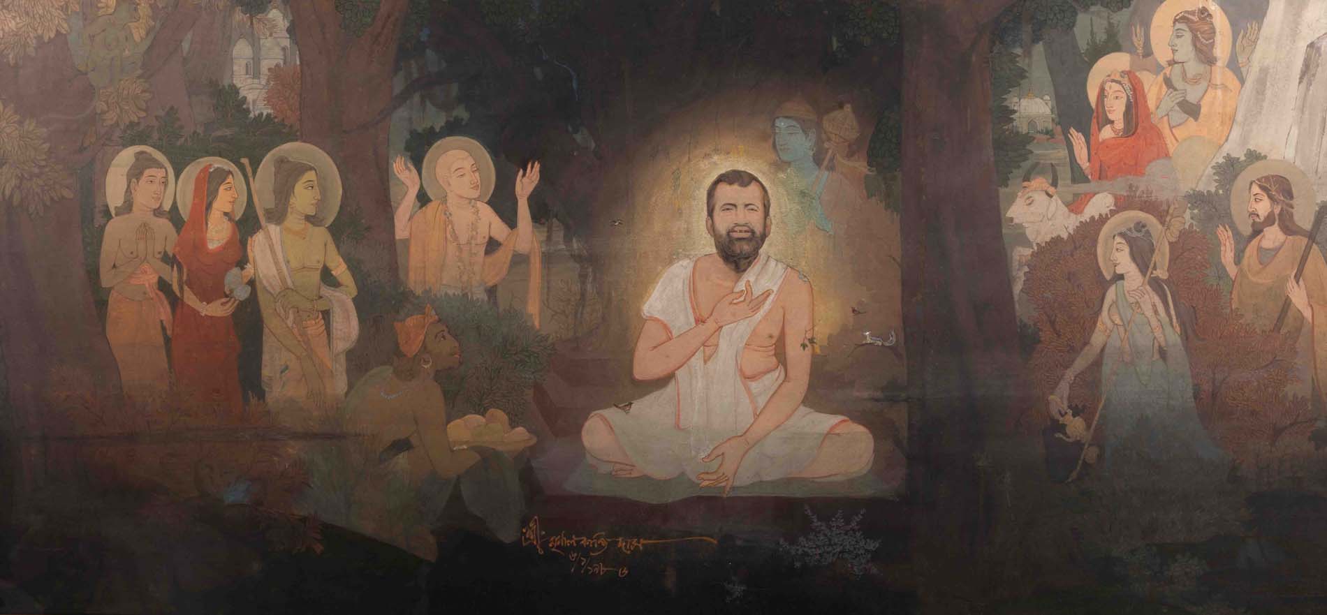 Mrinal Kanti Das (1928 - 1990) - UNTITLED (Ramakrishna Paramahansa receiving blessings from the Gods) (1986)