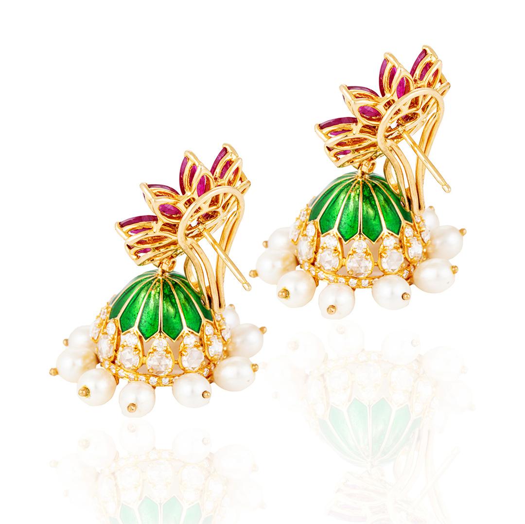A pair of diamond and ruby jhumki earrings