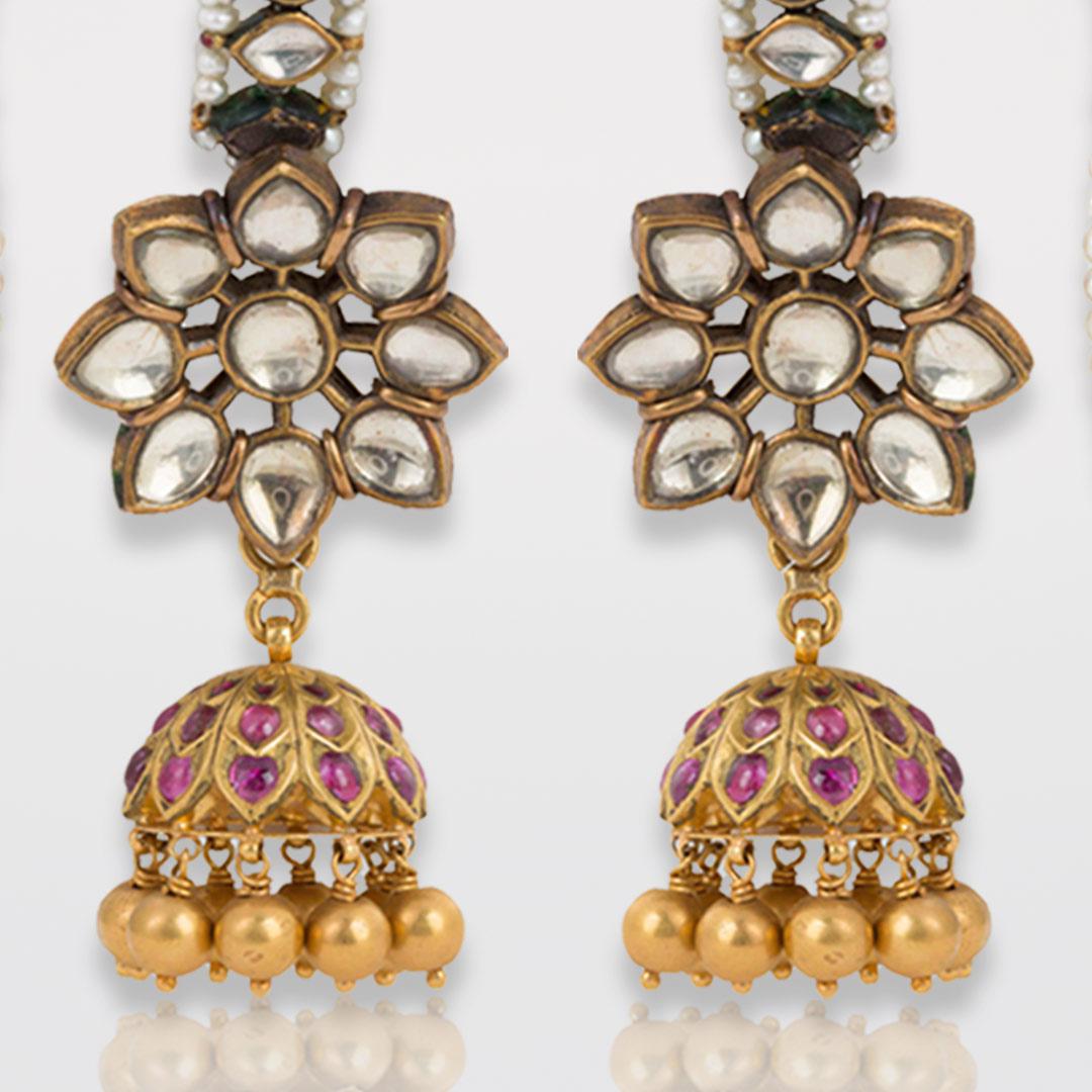 Estate White Sapphire, Ruby, Pearl Karan-Phool Earrings