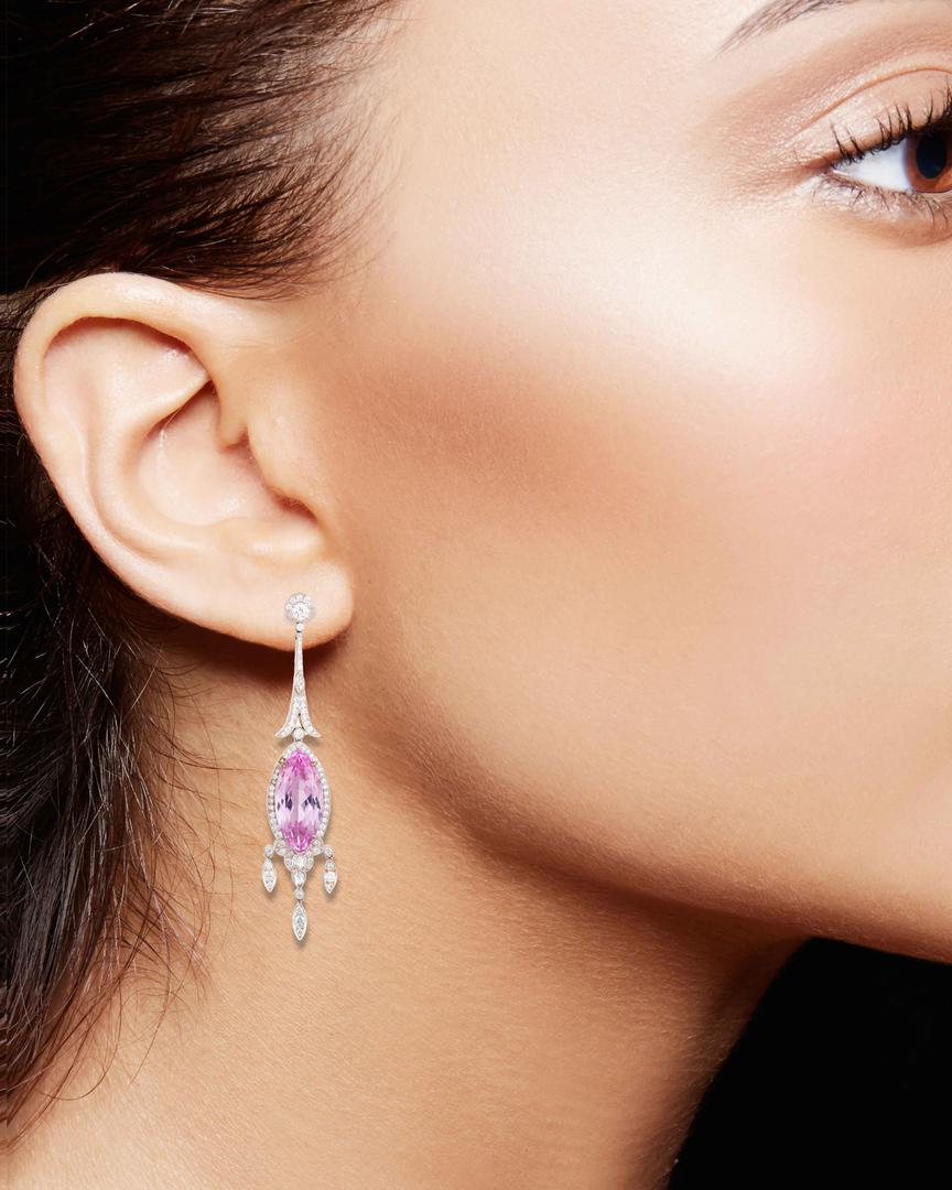 Art deco inspired pair of kunzite and diamond ear pendants