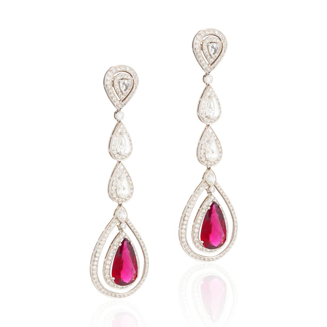 Pair of diamond and rubellite ear pendants