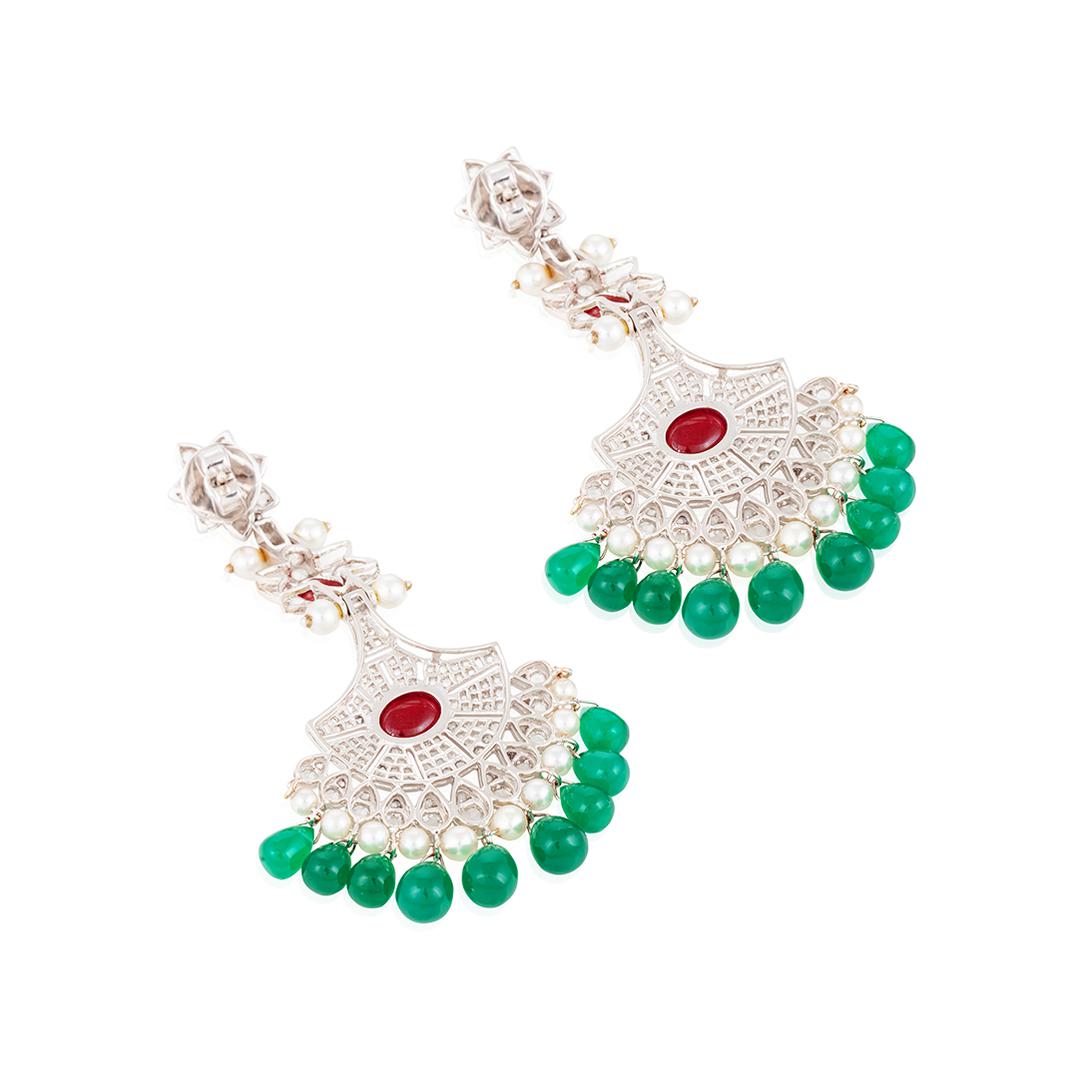 Pair of ruby cabochon, diamond and pearl fan ear pendants