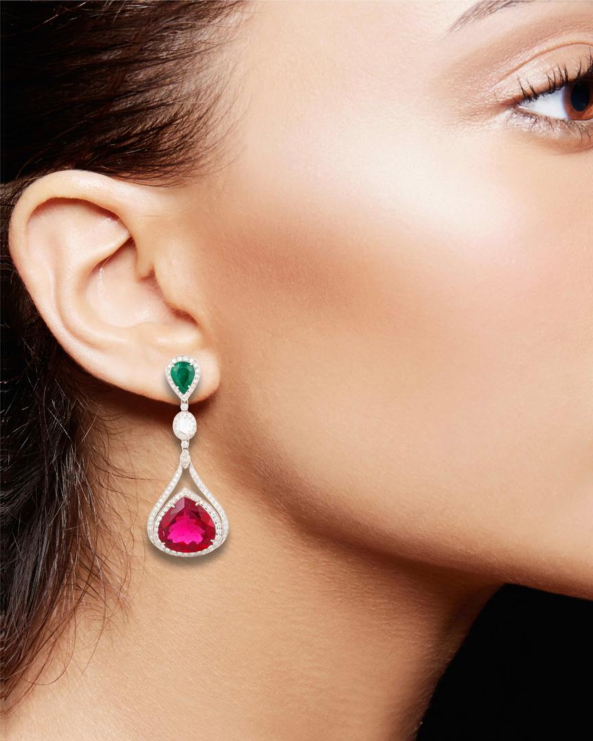 A simple yet elegant pair of rubellite, emerald and diamond ear pendants
