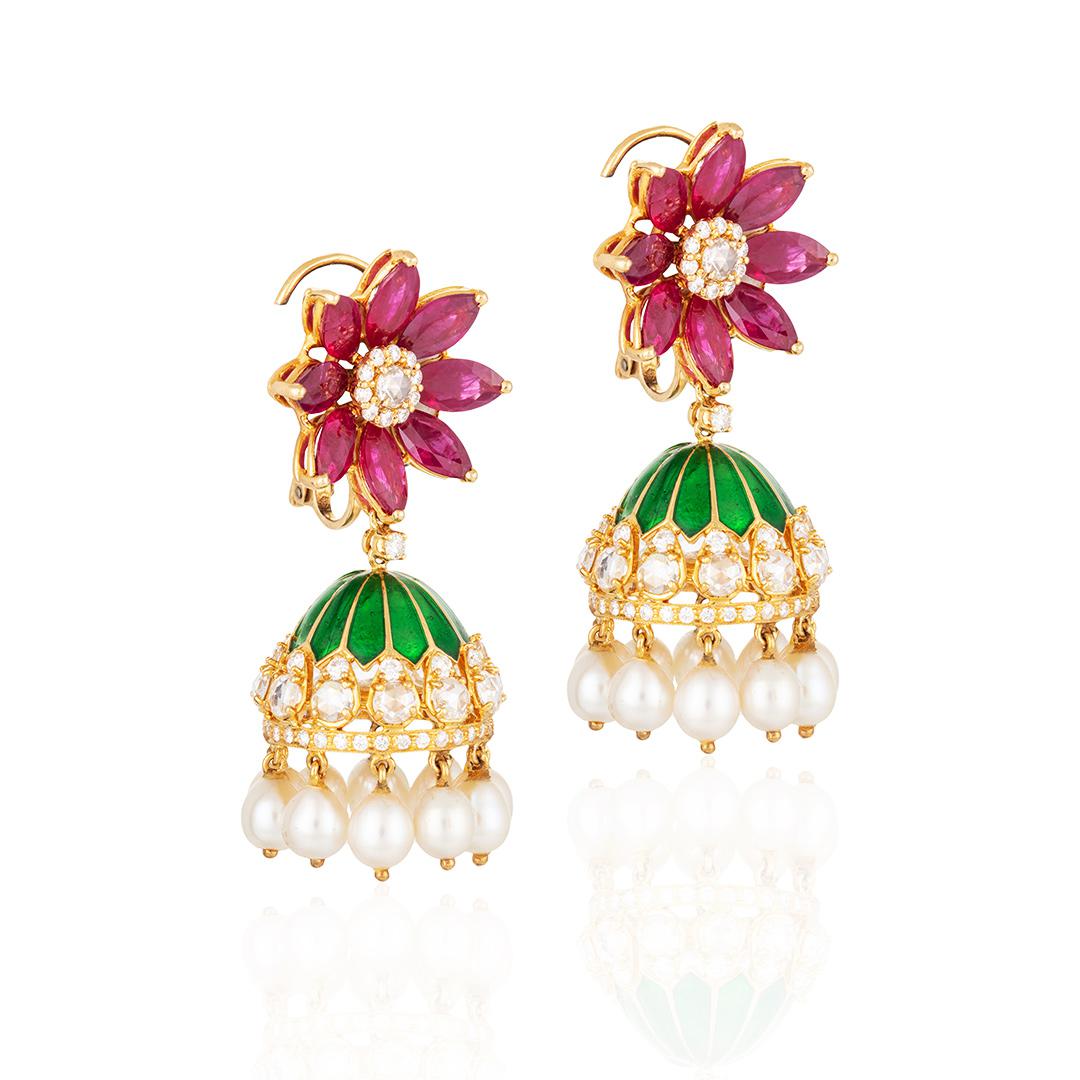 A pair of diamond and ruby jhumki earrings