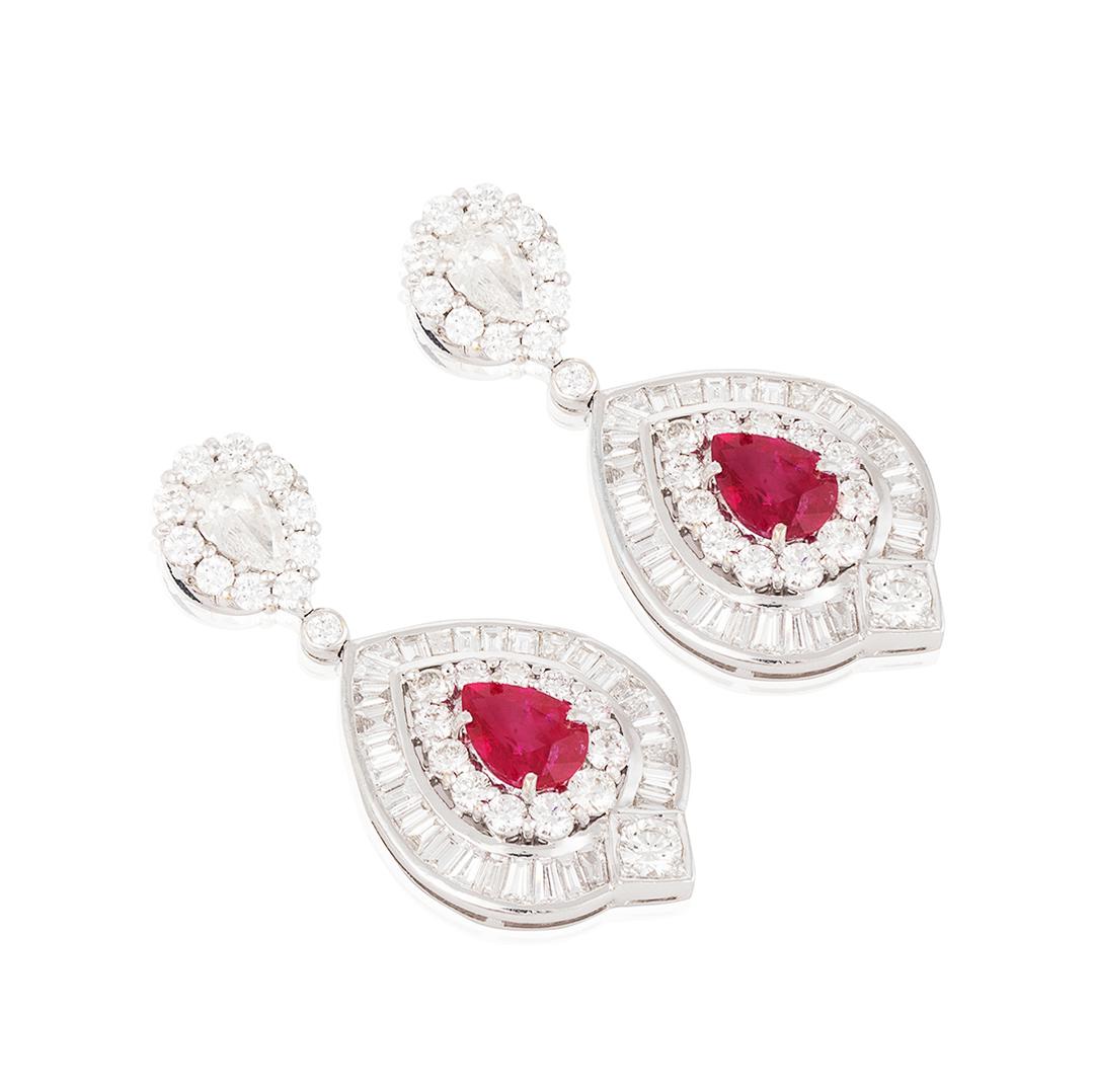A superb pair of burmese ruby and diamond ear pendants.