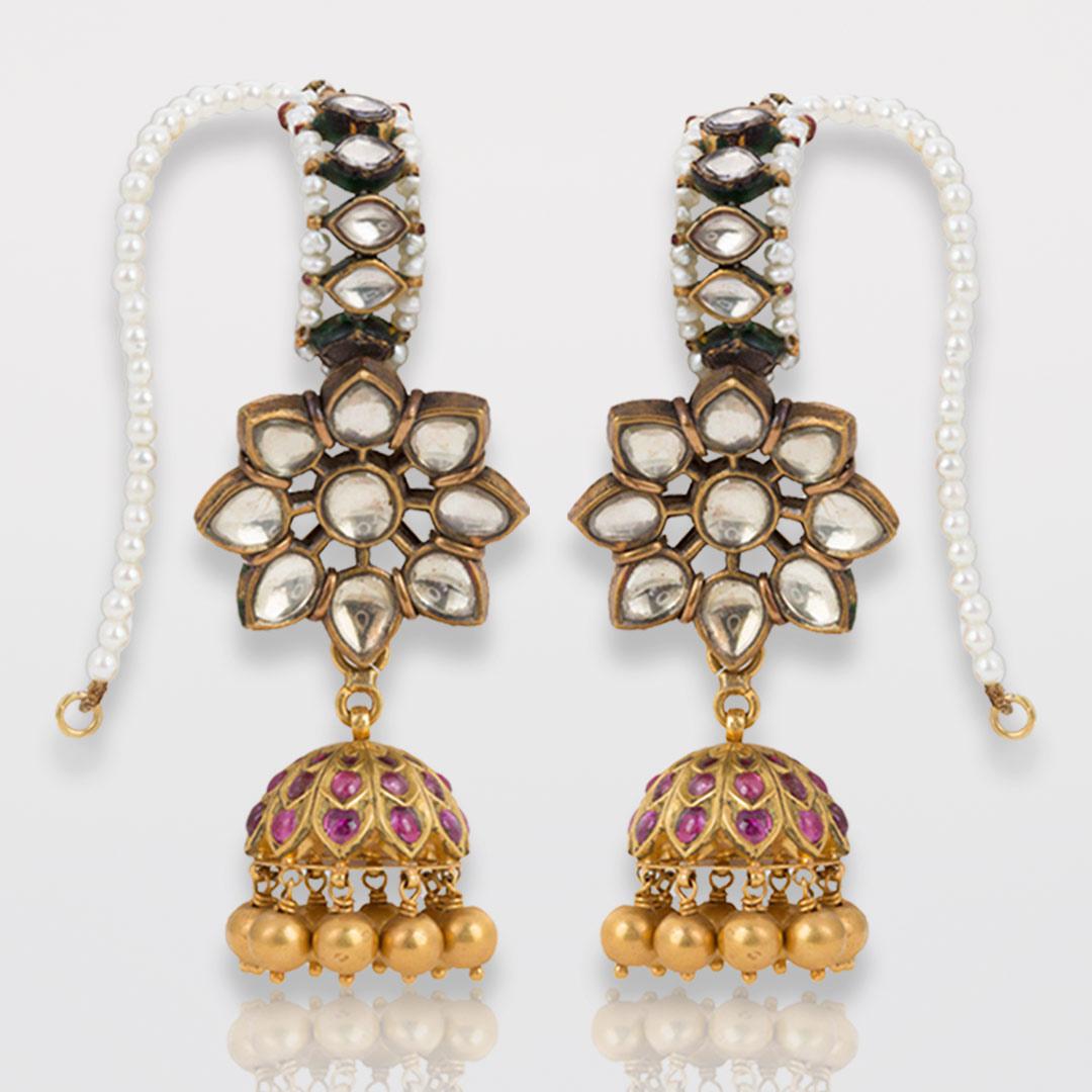 Estate White Sapphire, Ruby, Pearl Karan-Phool Earrings