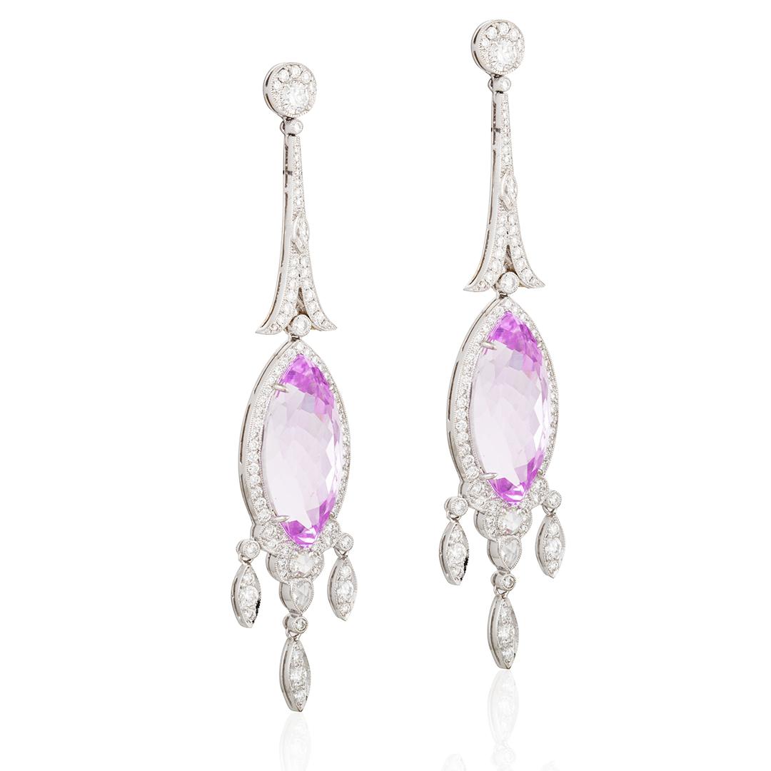 Art deco inspired pair of kunzite and diamond ear pendants