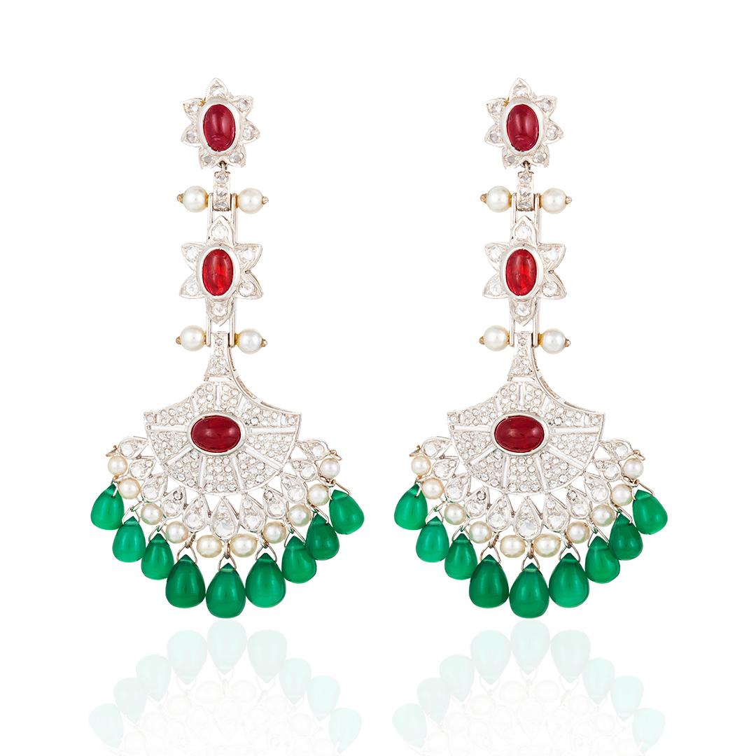 Pair of ruby cabochon, diamond and pearl fan ear pendants