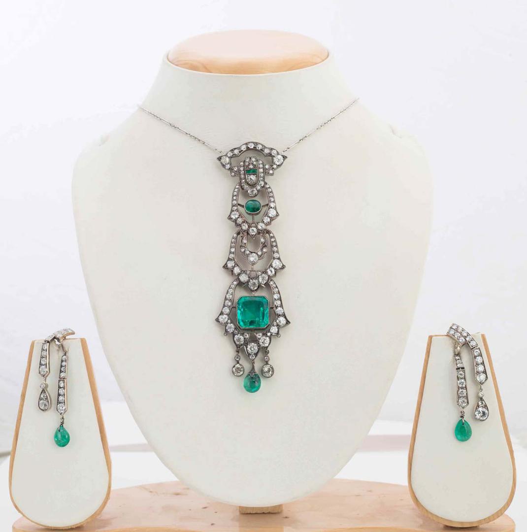 Diamond and Emerald Necklace and Earrings