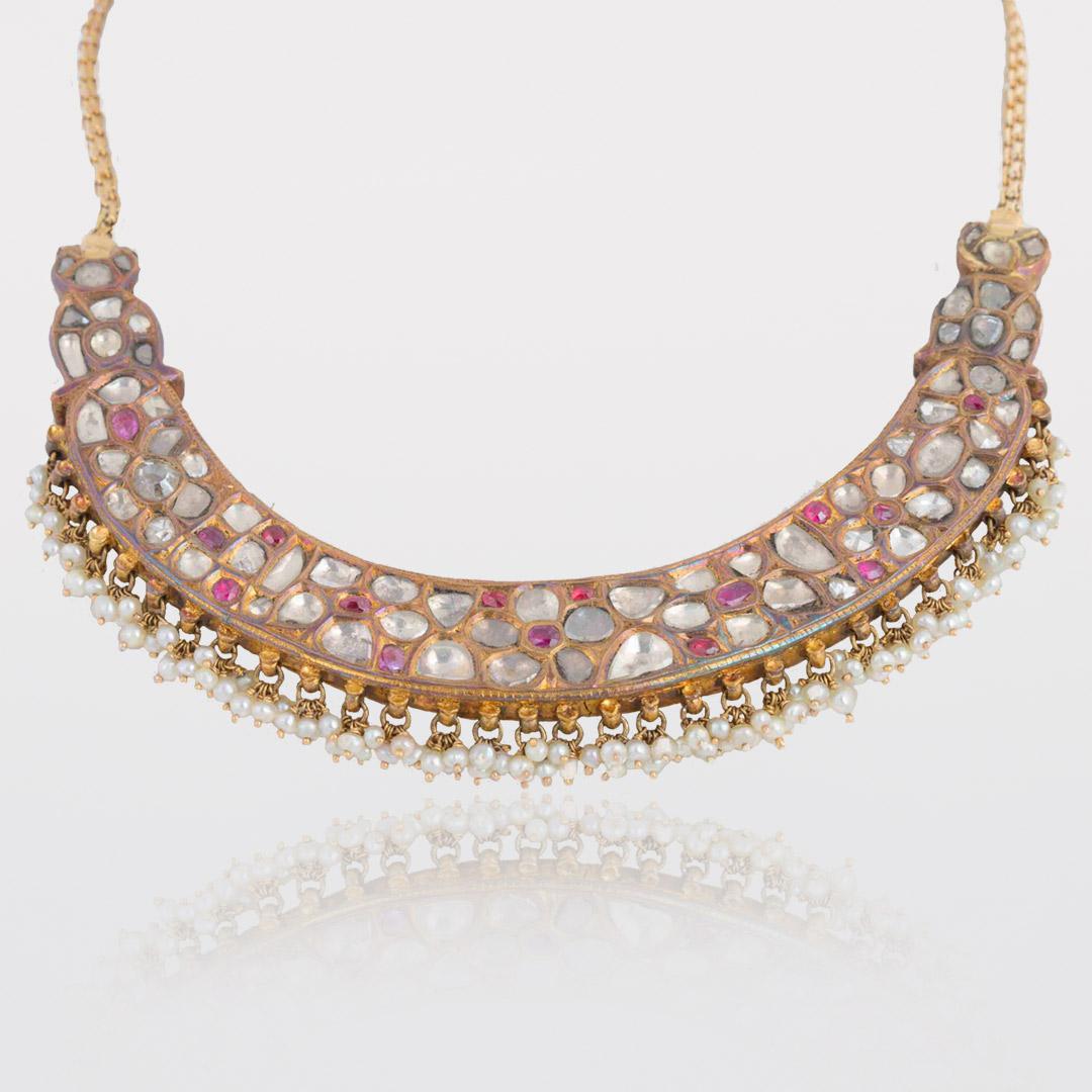 Diamonds, Ruby and Pearls Hasli Necklace