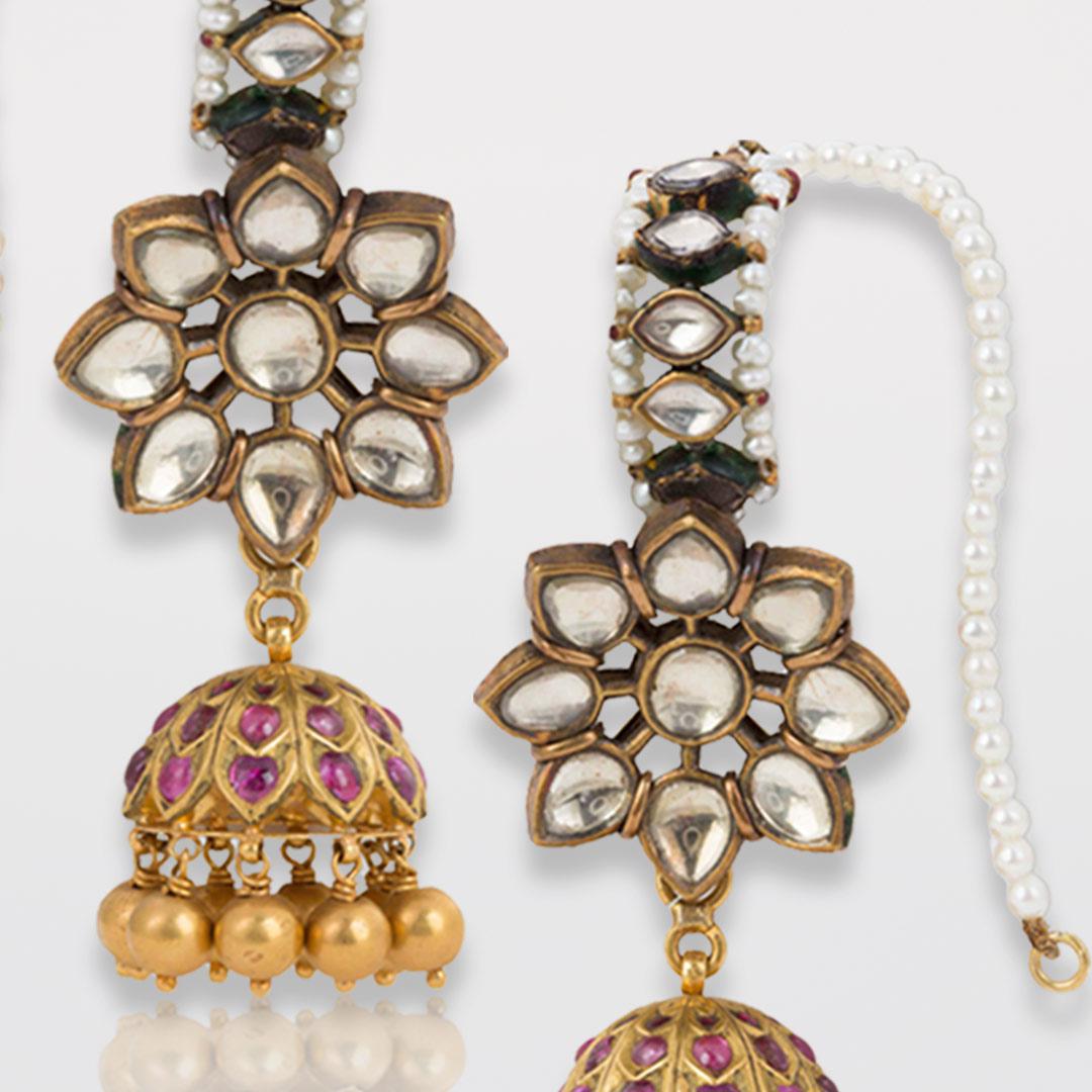 Estate White Sapphire, Ruby, Pearl Karan-Phool Earrings