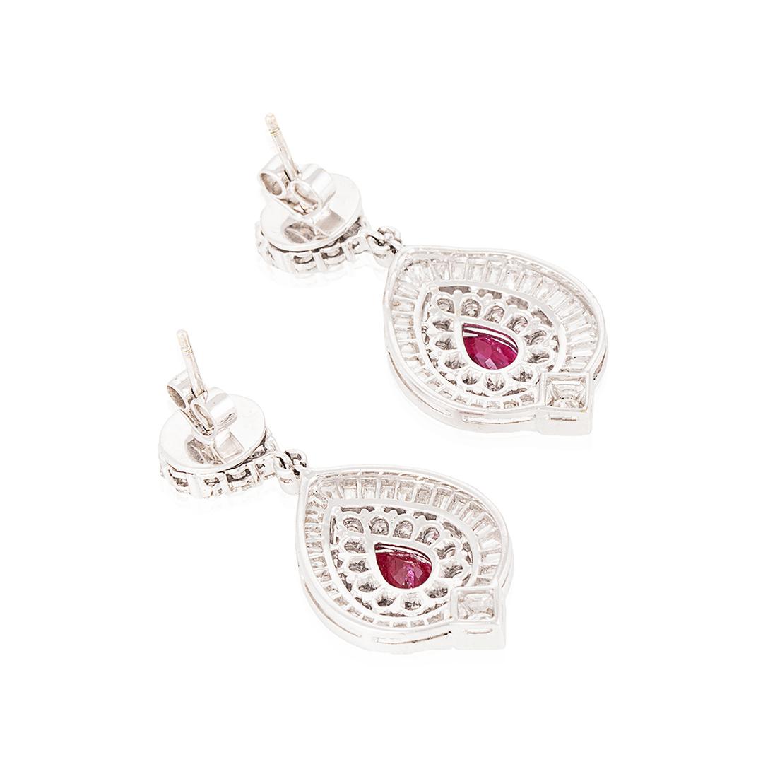 A superb pair of burmese ruby and diamond ear pendants.