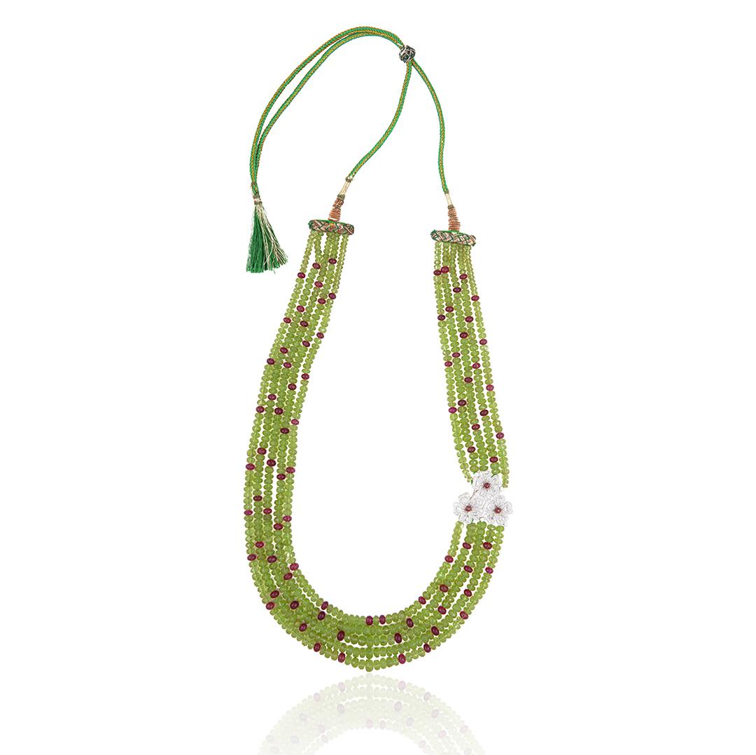 A Peridot bead, pink Tourmaline, Rubellite and diamond necklace