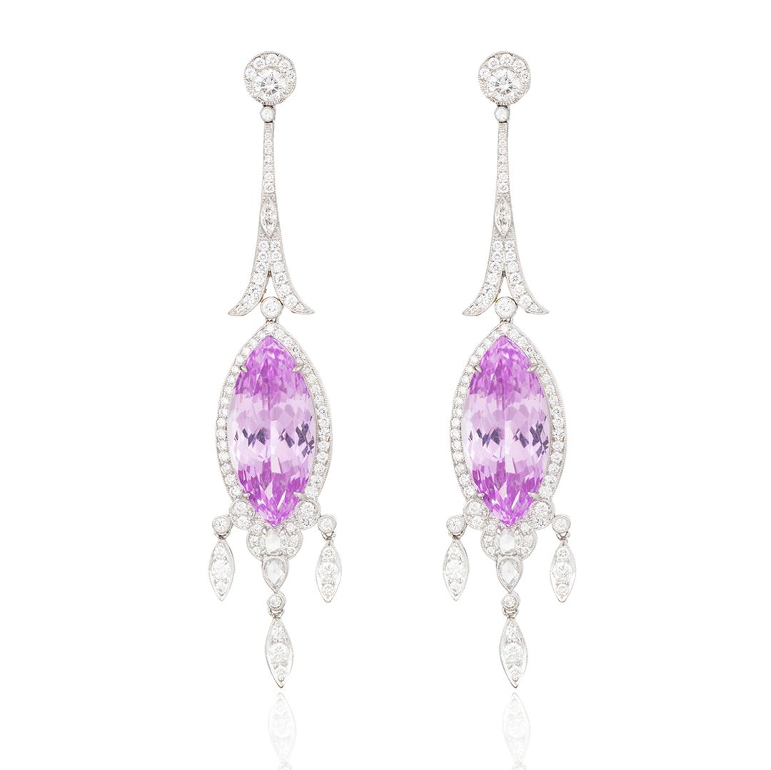 Art deco inspired pair of kunzite and diamond ear pendants
