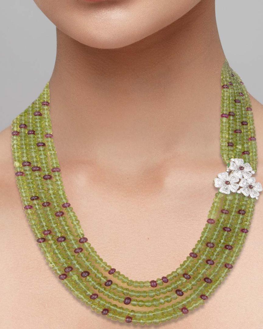 A Peridot bead, pink Tourmaline, Rubellite and diamond necklace