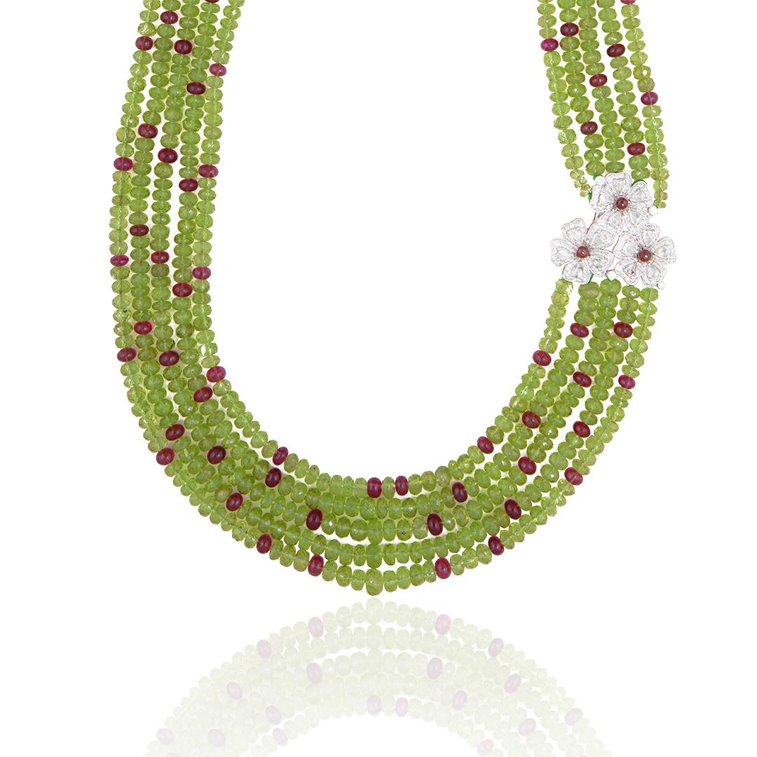 A Peridot bead, pink Tourmaline, Rubellite and diamond necklace