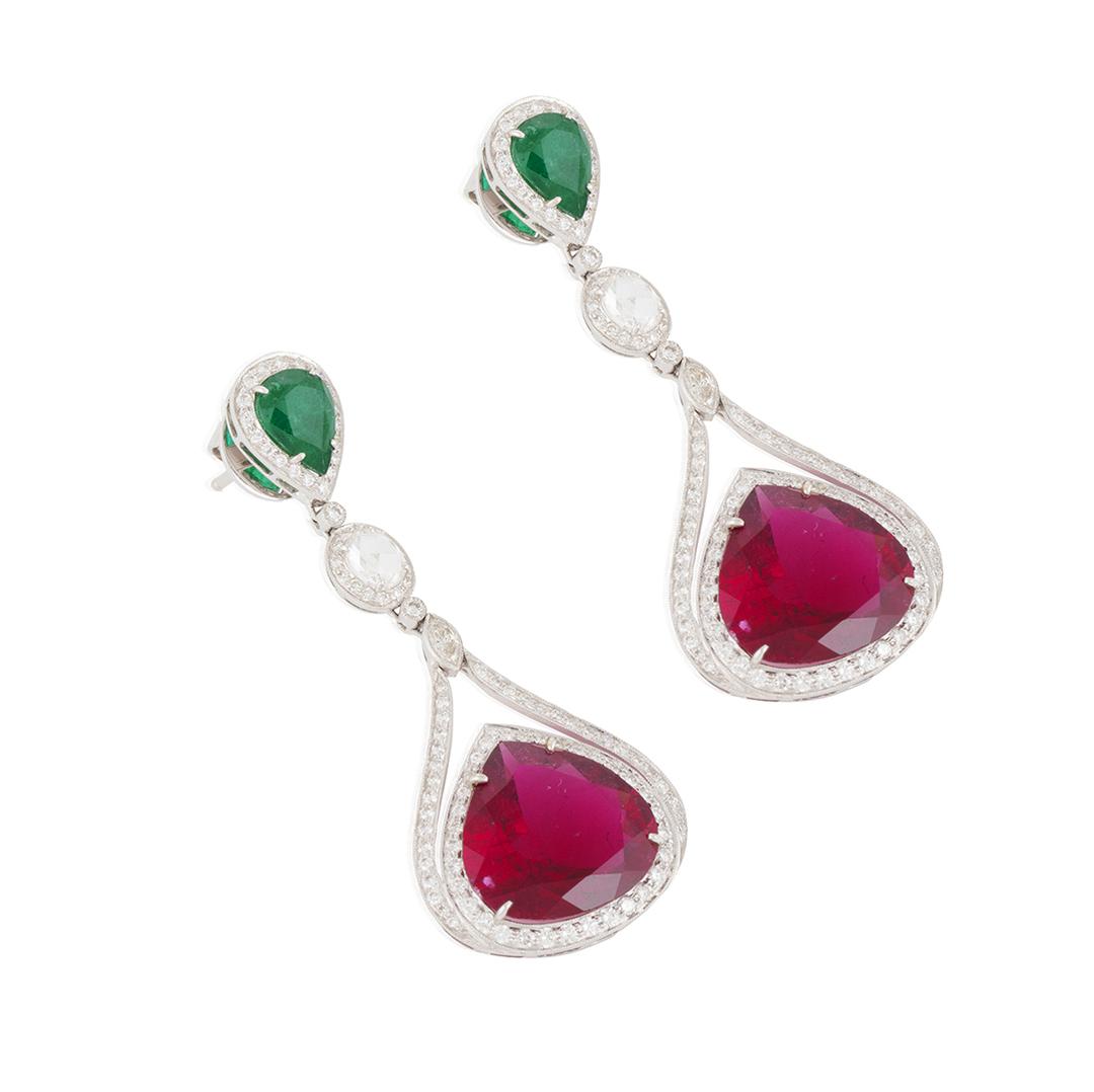A simple yet elegant pair of rubellite, emerald and diamond ear pendants