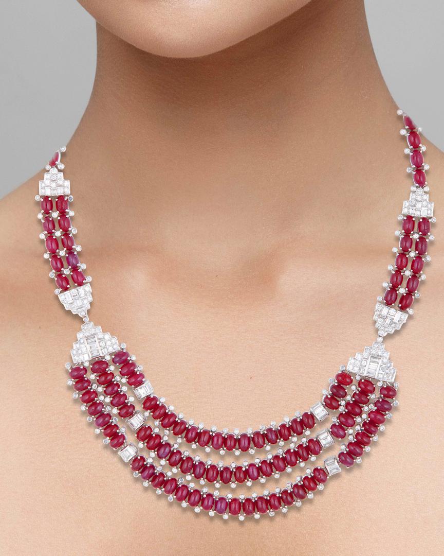 An attractive art deco inspired art deco cabochon ruby and diamond necklace