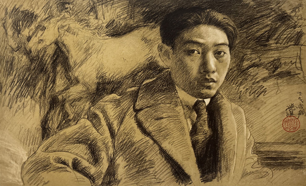 Xu Beihong, Self-portrait, charcoal on paper, 32.2 X 48.1 cm, 1922. (Credit: Xu Beihong Memorial Museum)
