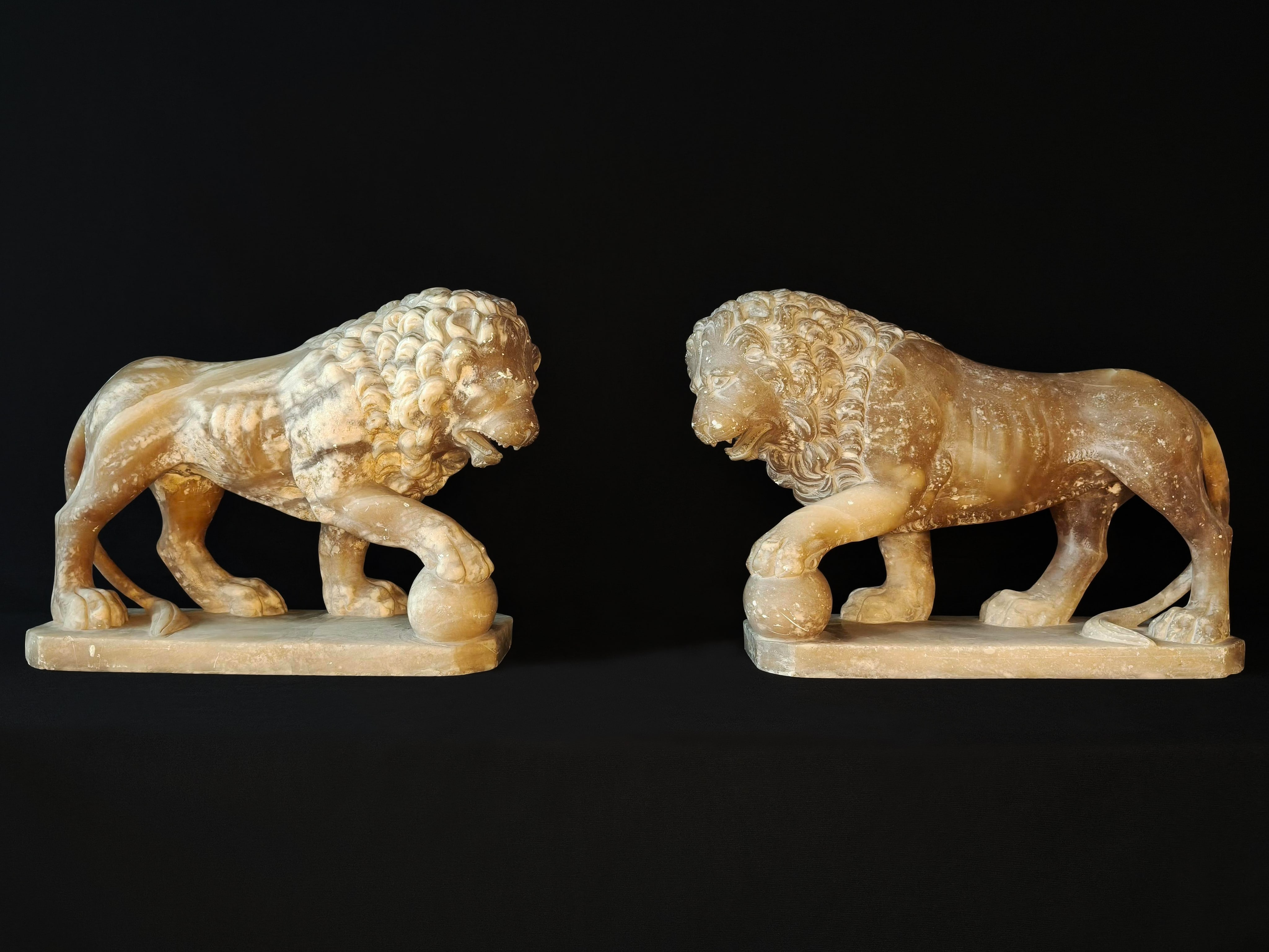 Pair of Carved Alabaster Lions After the Medici Lions Mangaldas Estate