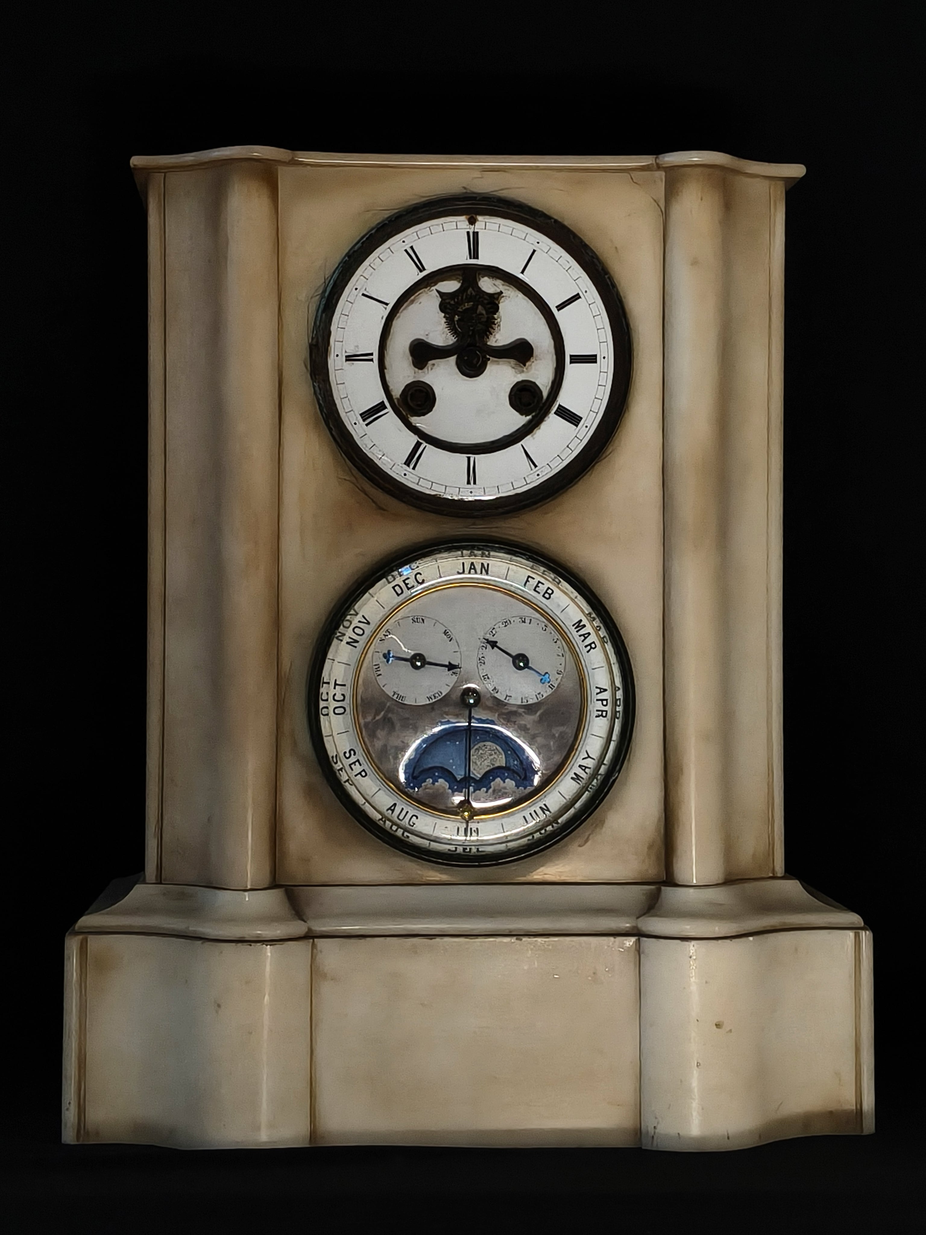 French Alabaster Calendar Mantel Clock Mangaldas Estate