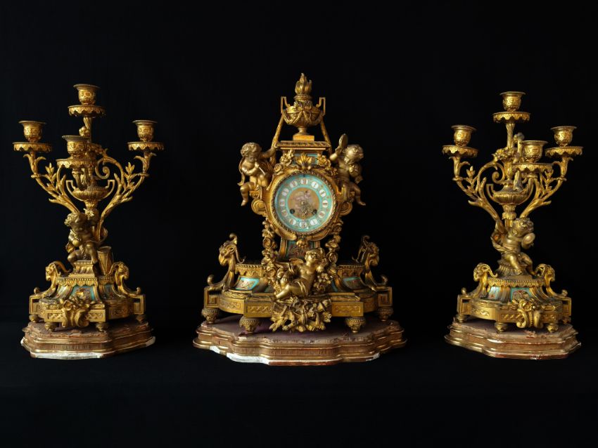French Ormolu and Porcelain Mantel Clock Mangaldas Estate