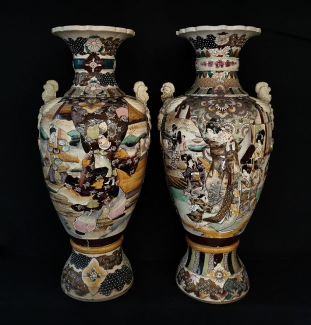 Meiji Period  Taisho Period Japanese Satsuma Floor Vases