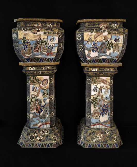 Meiji Period Japanese Satsuma Planters on Stands